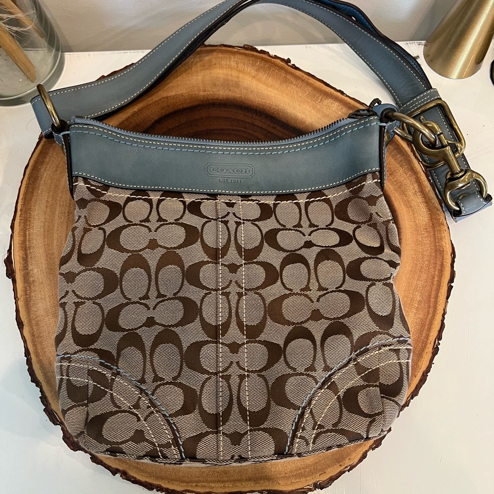 Coach Brown and Gray light blue Signature Shoulder Bag